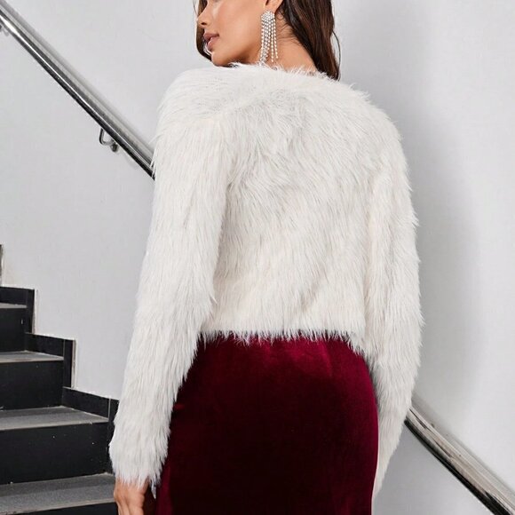 White Preppy Womens Solid Open Front Fluffy Knit Cardigan - Picture 2 of 4